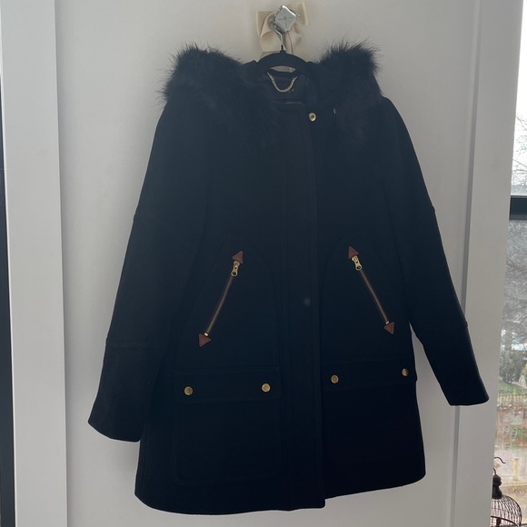 Women's J Crew Black Fur-Trimmed Coat Italian stadium cloth 10 petite wool
